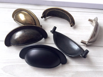 2.75" Cup Drawer Pull Vintage Style, Antique Bronze, Black, Nickel
