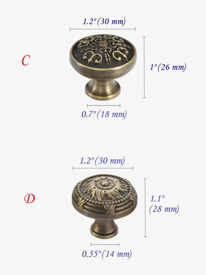 Solid Brass Cabinet Knob with Backplate, Antique Bronze, Victorian Round Floral Knob