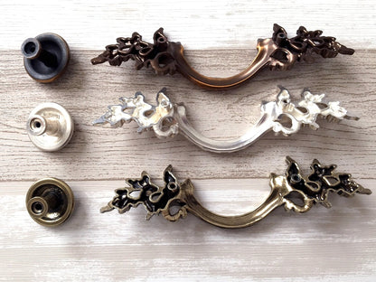 3" Centers Leafy Drawer Pulls, French Provincial, Antique Bronze Silver Copper