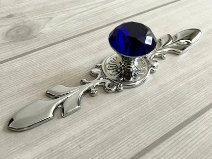 Blue Glass Drawer Knobs with Back Plate, Polished Chrome