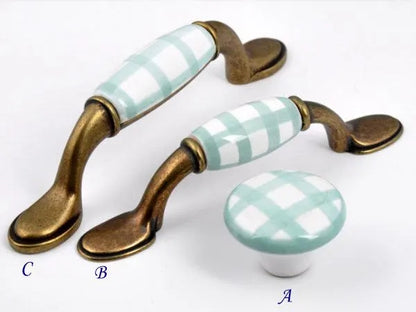 Gingham Porcelain Drawer Pulls, 3" 3.75" Centers, Blue Green Yellow Red