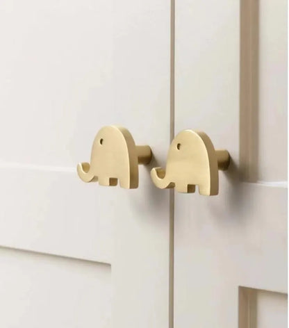 Elephant Brass Knobs, Nursery Dresser Pull, Kids Cabinet Hardware, Animal Gold Polished Chrome