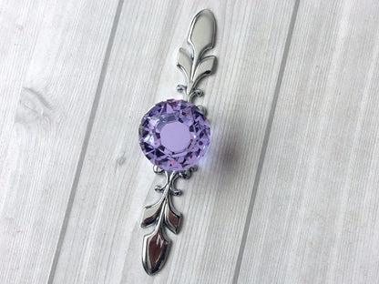 Purple Glass Drawer Knobs with Backplate, Polished Chrome