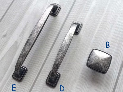 Antique Pewter Cabinet Pulls, Square Knob, Retro Kitchen Hardware