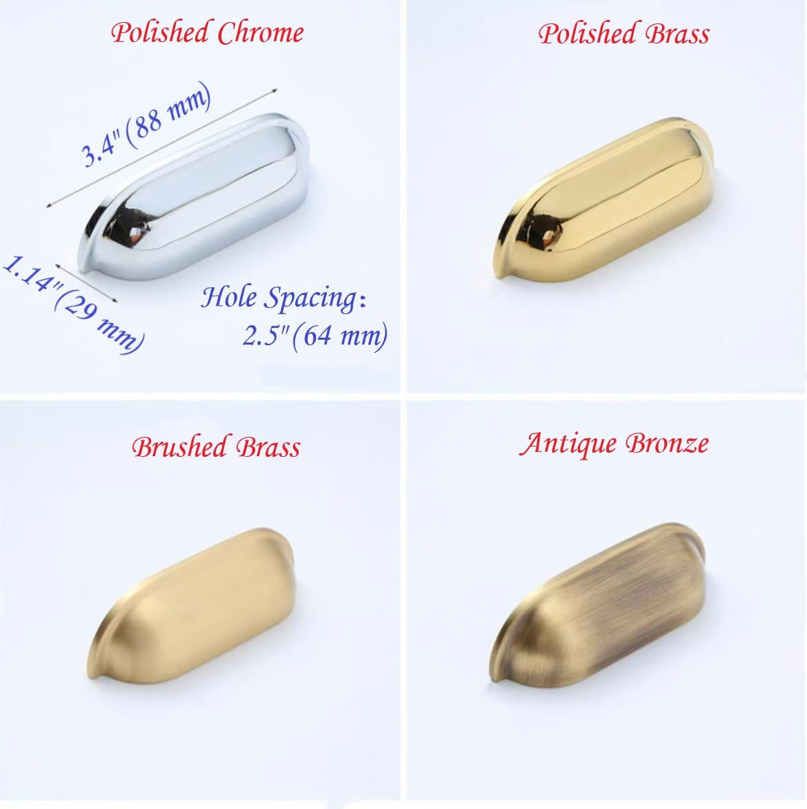 2.5" 64 mm Centers Brass Cup Drawer Pulls, Polished Gold Chrome Bronze