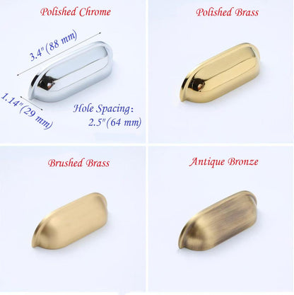 2.5" 64 mm Centers Brass Cup Drawer Pulls, Polished Gold Chrome Bronze