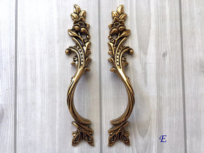 Antique Gold Brass Leafy French Provincial Drawer Pulls, Vertical Cabinet Handles