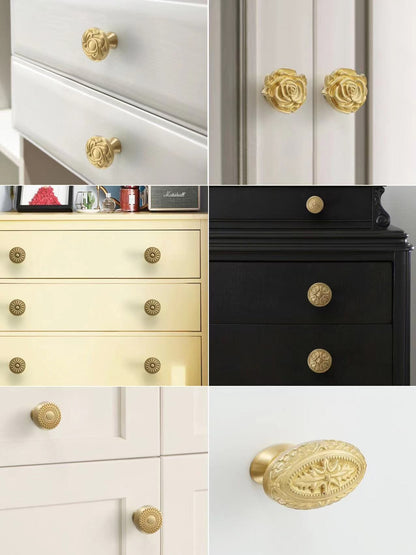 Brass Flower Patterned Knobs, Floral Drawer Pulls, Brushed Gold, Kitchen Cabinet Hardware