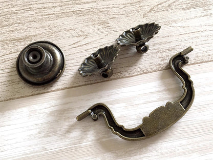 3.75" Drop Bail Drawer Pulls, Floral Knob, Vintage Style, Antique Bronze