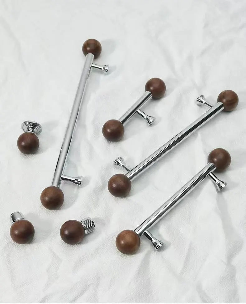 Walnut & Brass Chrome Cabinet Drawer Pull, Modern Japandi Kitchen Hardware
