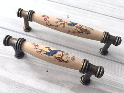 3" 3.75" 5" Flower Bird Porcelain Drawer Pulls Cabinet Handle, Tan Bronze