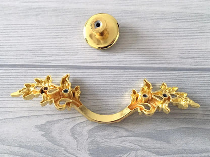 2.5" 3.75" Ornate Polished Gold Leafy Drawer Pull - French Provincial