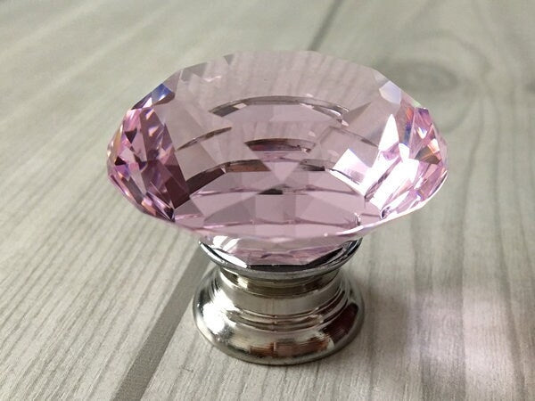Pink Glass Drawer Knobs with Backplate, Polished Chrome