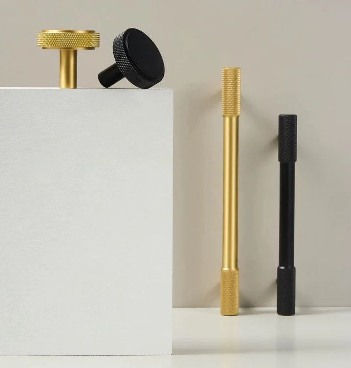 Knurled Brass Cabinet Bar Pulls in Matte Black, Antique Bronze & Brushed Gold