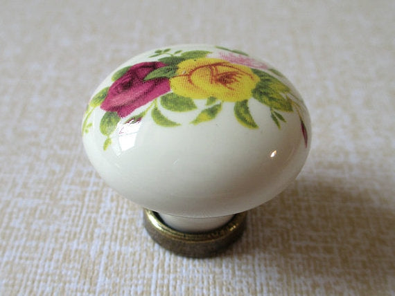 3.75" C-C Floral Drawer Pull & Knobs, Antique Bronze, Cream, Ceramic