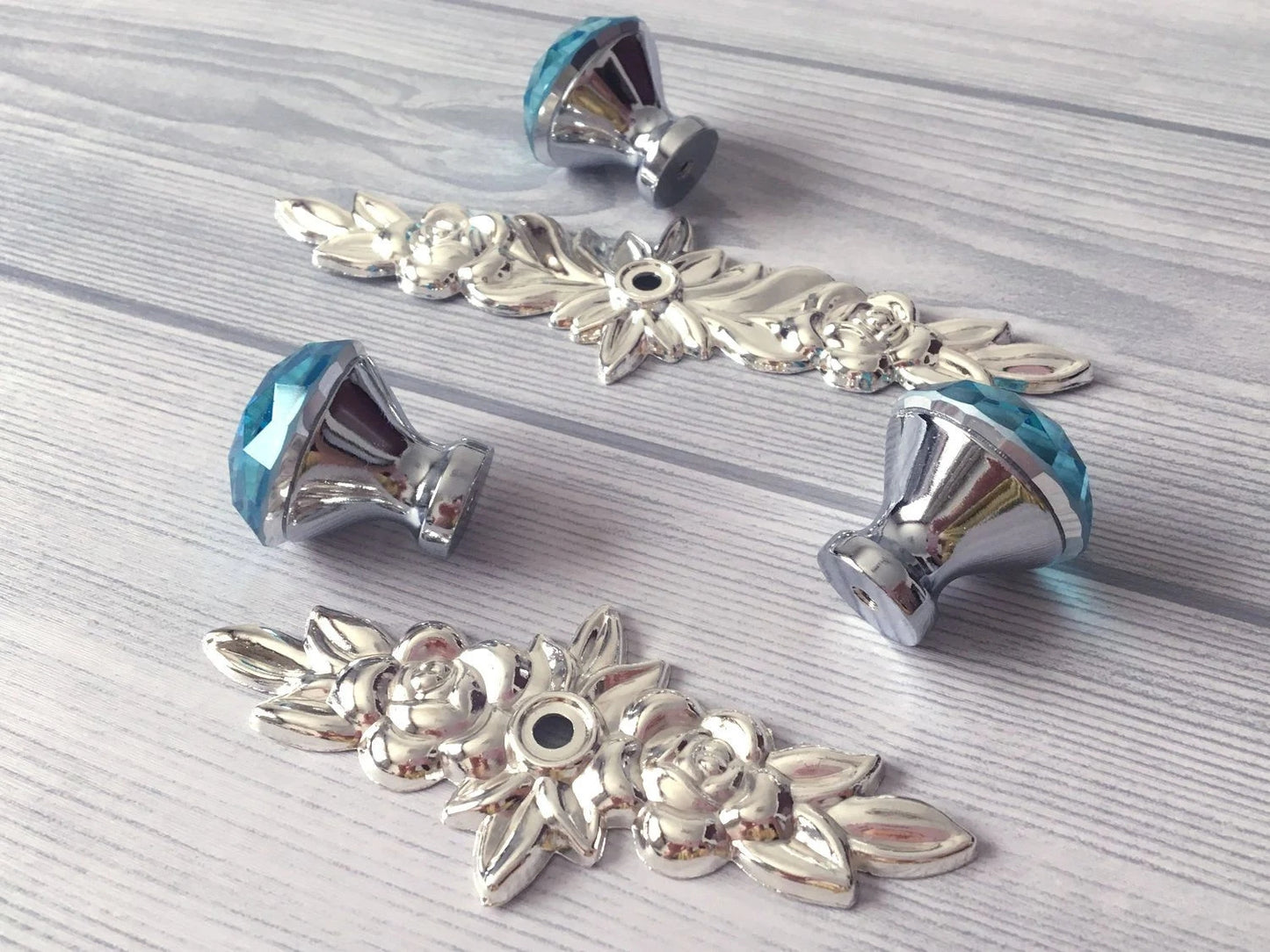Blue Glass Drawer Knobs with Floral Back Plates, Polished Silver