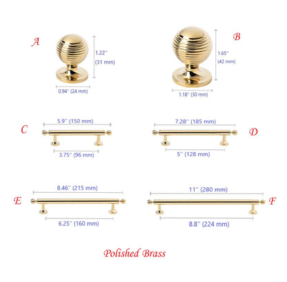 Beehive Brass Cabinet Pulls and Knobs, Polished Gold and Chrome, Luxurious