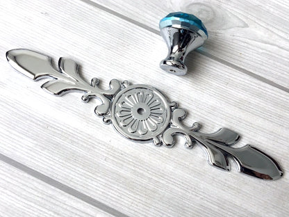 Blue Glass Drawer Knobs with Backplate, Polished Chrome
