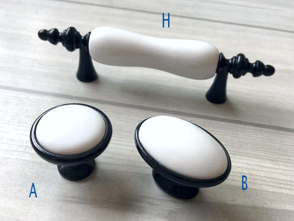 Black White Ceramic Drawer Pull, Elegant Cabinet Handle, Wardrobe Door Knob