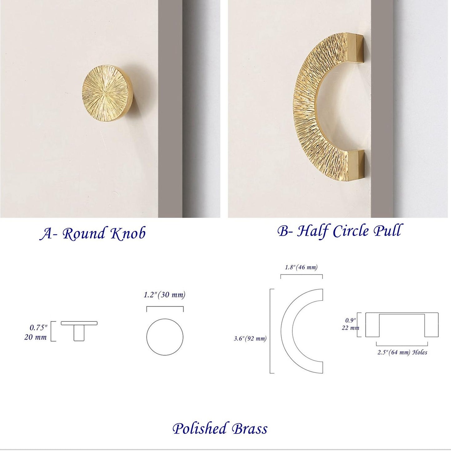 2.5“ Brass Sunburst Half Moon Drawer Pull & Circle Knob