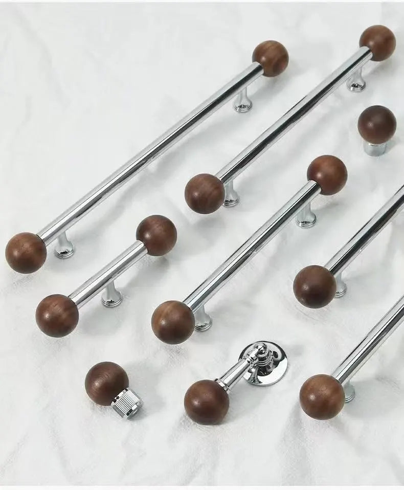 Walnut & Brass Chrome Cabinet Drawer Pull, Modern Japandi Kitchen Hardware