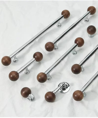 Walnut & Brass Chrome Cabinet Drawer Pull, Modern Japandi Kitchen Hardware