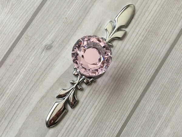Pink Glass Drawer Knobs with Backplate, Polished Chrome