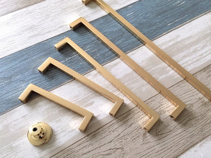 Polished Gold Cabinet Pulls, Circle Drawer Knobs, Slim Square, Modern Kitchen Hardware