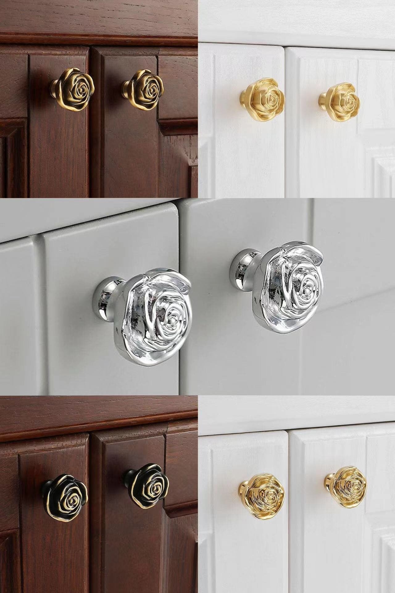 Flower Brass Cabinet Knobs in Gold Silver Bronze