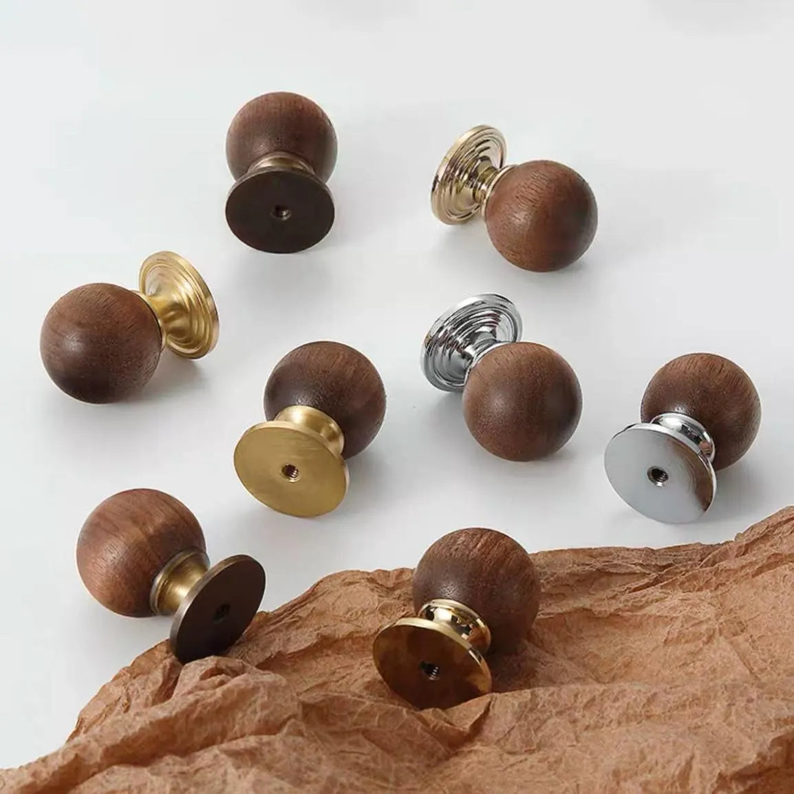 Walnut Wood Brass Cabinet Knobs - Japandi Kitchen Hardware - LynnsHardware