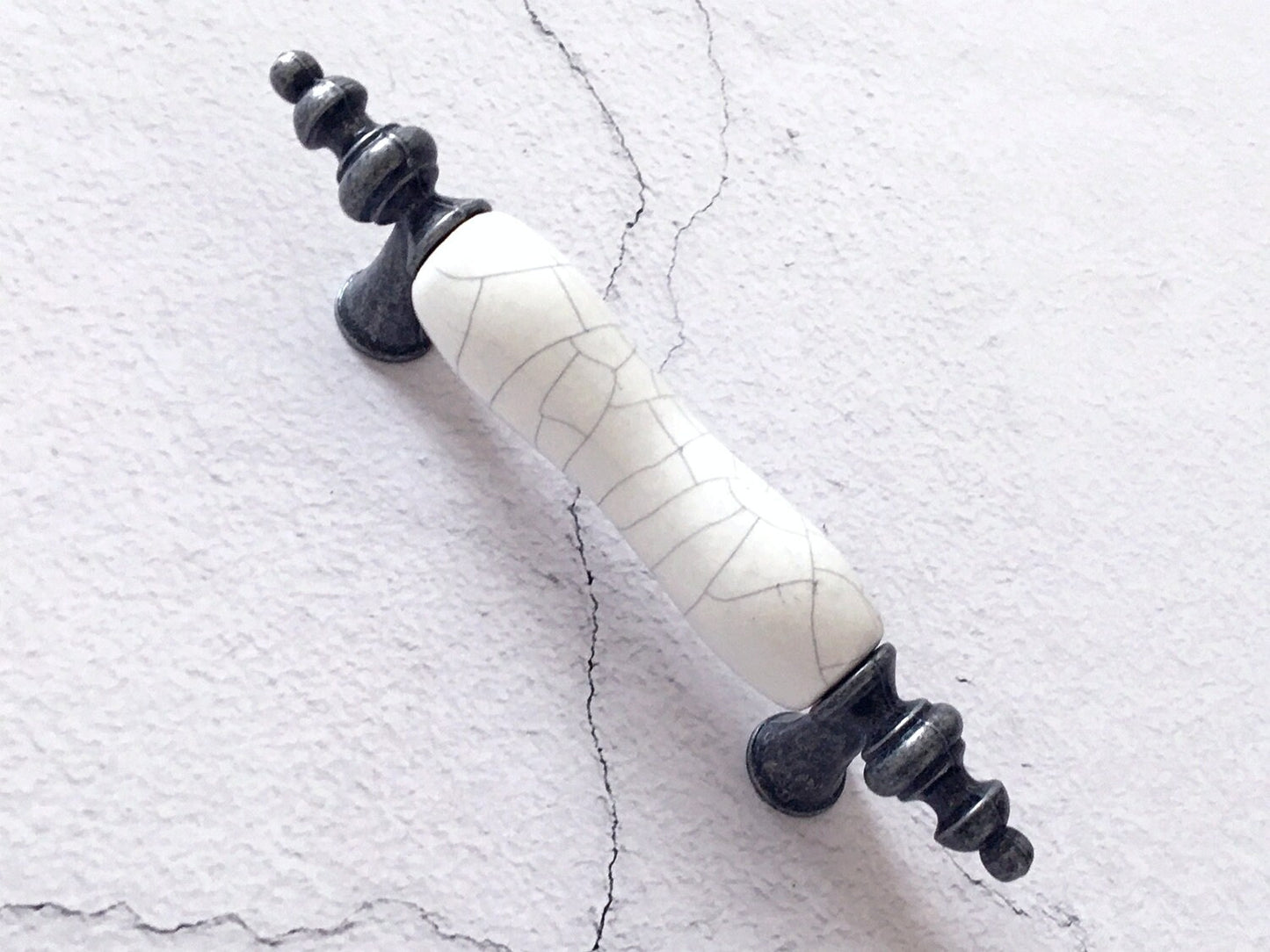 3" Drawer Pull Handles, White Crackle, Antique Pewter, 76 mm Centers