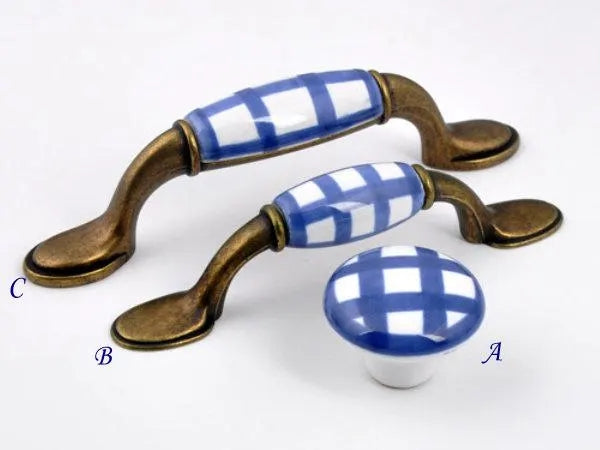 Gingham Porcelain Drawer Pulls, 3" 3.75" Centers, Blue Green Yellow Red