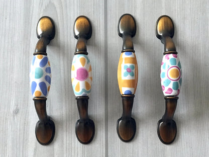 Colorful Porcelain Drawer Pulls, 3" 3.75" Centers, 4 Designs