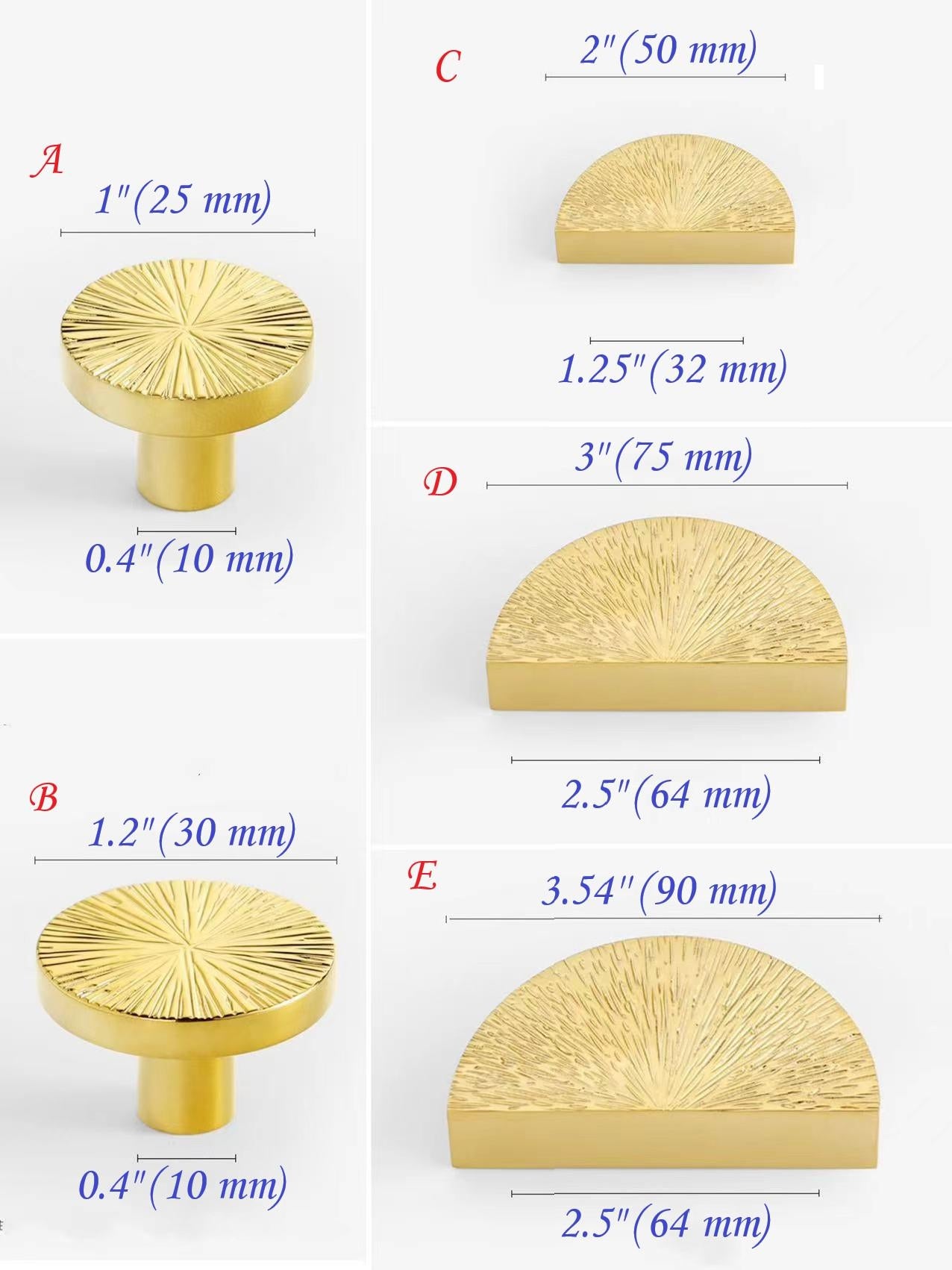 1.25" 2.5" Starburst Half Moon Drawer Pulls - Polished Brass/Chrome - LynnsHardware