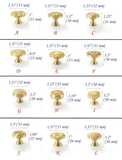 Brass Flower Patterned Knobs, Floral Drawer Pulls, Brushed Gold, Kitchen Cabinet Hardware