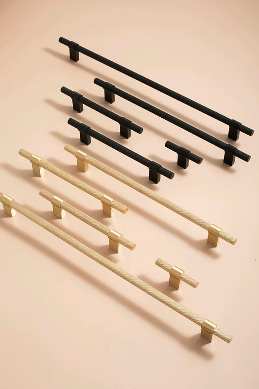 Solid brass knurled cabinet t bar handles in brass and matte black finishes 