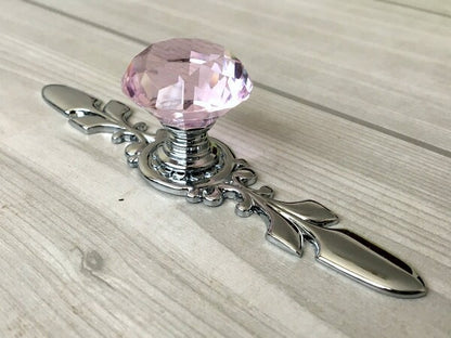 Pink Glass Drawer Knobs with Backplate, Polished Chrome
