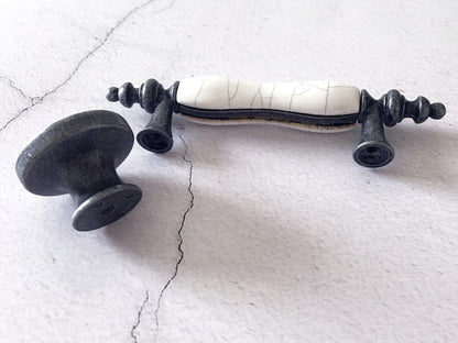 3" Drawer Pull Handles, White Crackle, Antique Pewter, 76 mm Centers