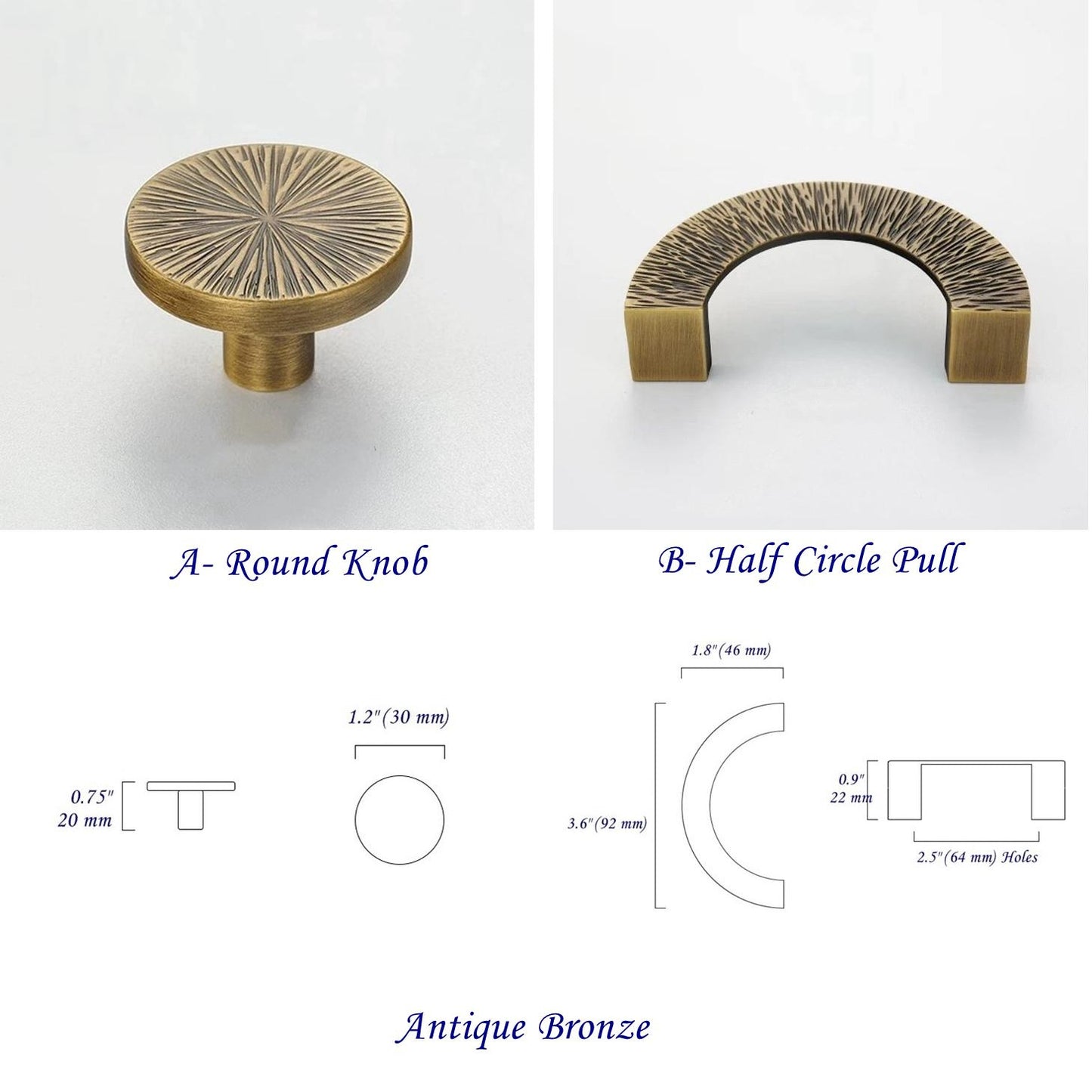 2.5“ Brass Sunburst Half Moon Drawer Pull & Circle Knob