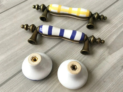 3" Centers Gingham Ceramic Drawer Pull and Cabinet Knob, Antique Bronze Green Yellow Red Blue White