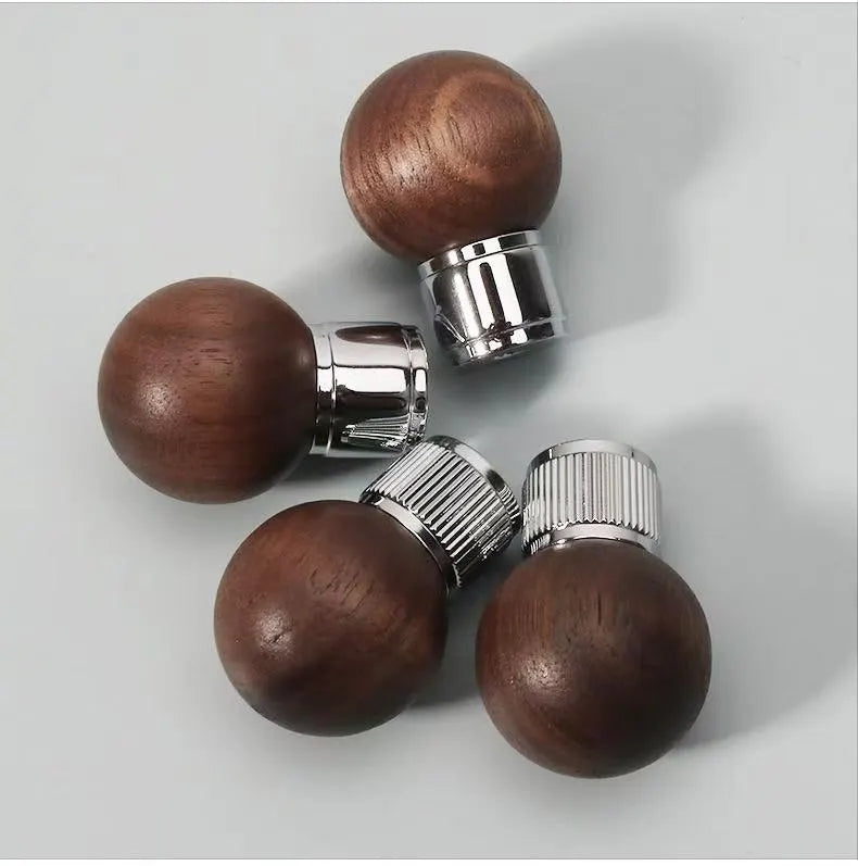 Walnut & Brass Chrome Cabinet Drawer Pull, Modern Japandi Kitchen Hardware