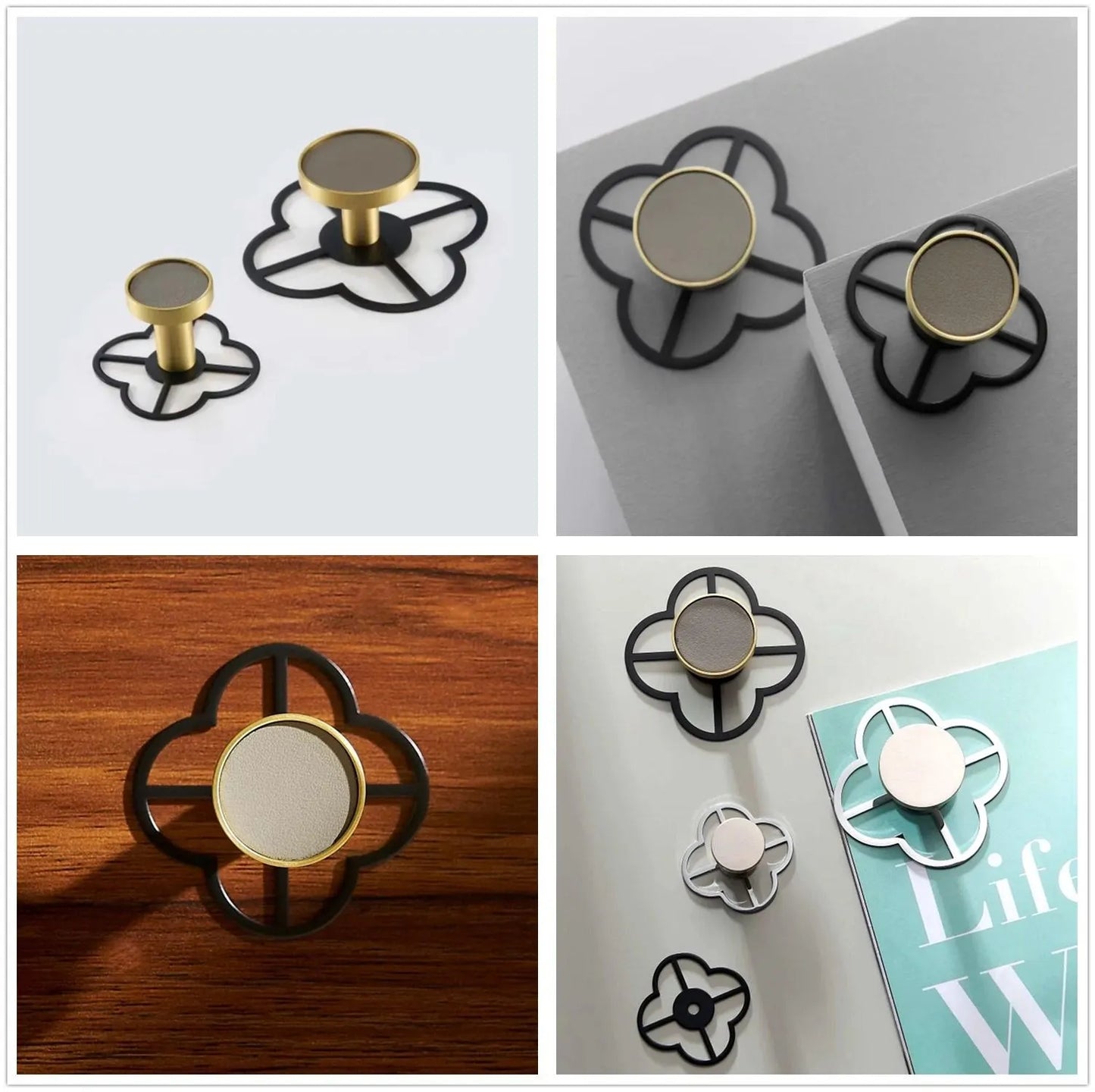 Brass Clover Back Plate for Drawer Knobs, Brushed Gold, Polished Chrome, Matte Black