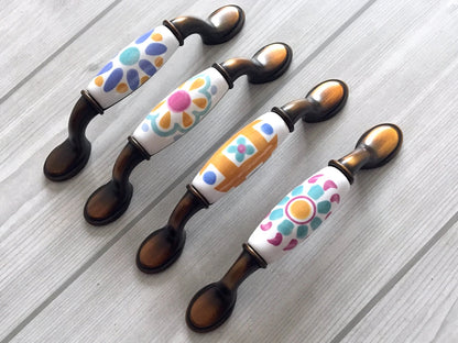 Colorful Porcelain Drawer Pulls, 3" 3.75" Centers, 4 Designs