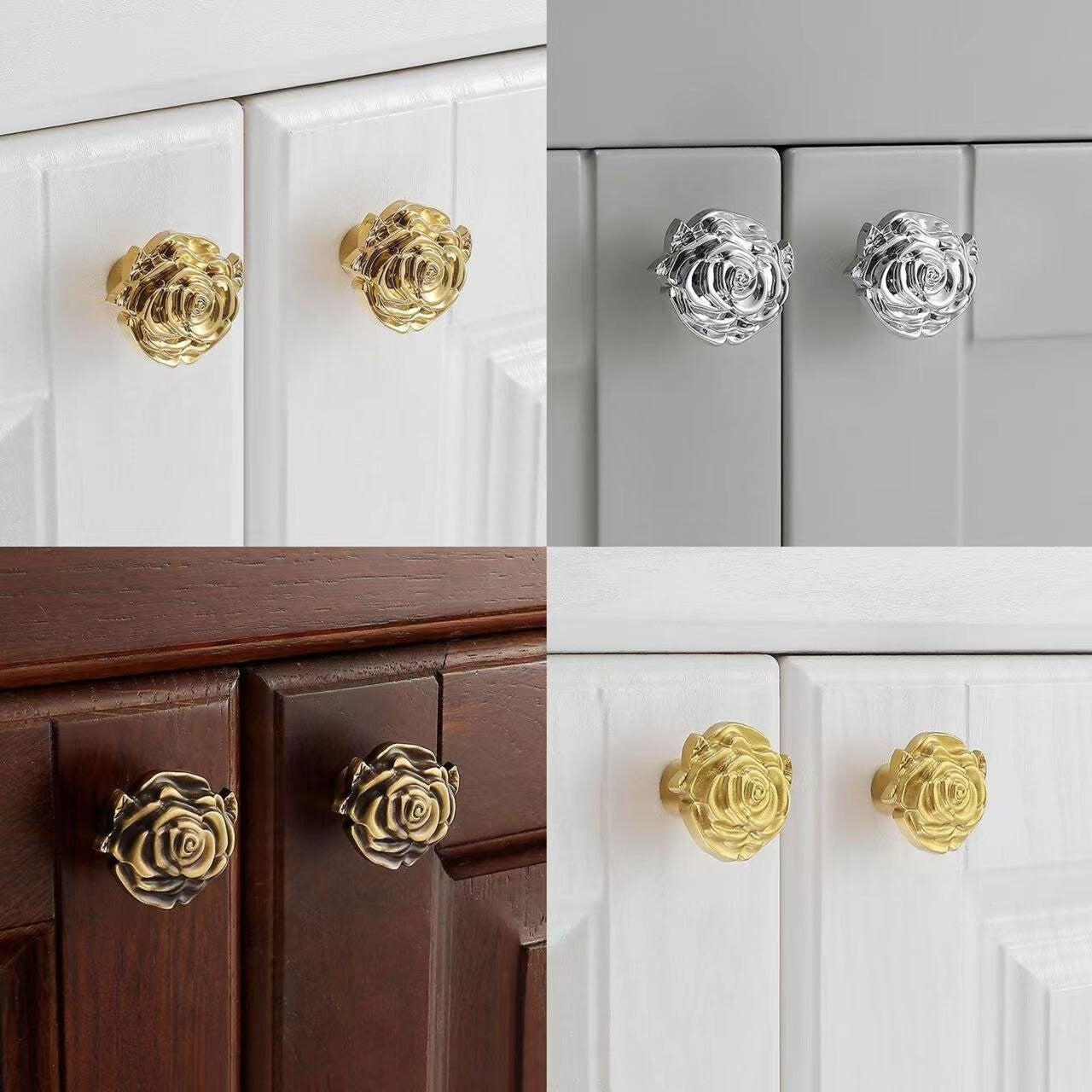 Flower Brass Cabinet Knobs in Gold Silver Bronze