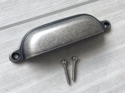 3.75" 96 mm Centers Cup Drawer Pull, Antique Pewter, Kitchen Cabinet Hardware