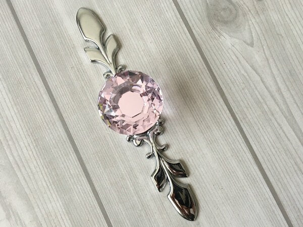 Pink Glass Drawer Knobs with Backplate, Polished Chrome