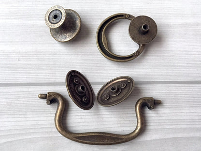 4" Antique Bronze Swing Bail Handle, Cabinet Knob & Drop Ring Pull