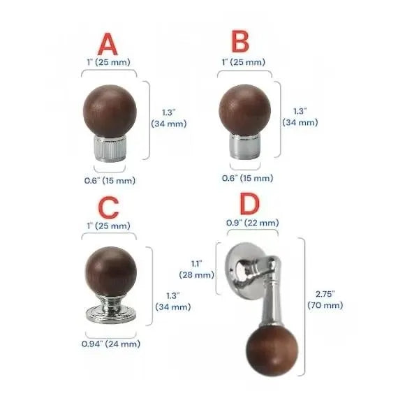 Walnut & Brass Chrome Cabinet Drawer Pull, Modern Japandi Kitchen Hardware