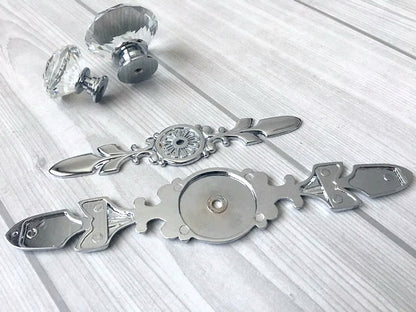 Clear Glass Drawer Knobs with Backplate, Polished Chrome