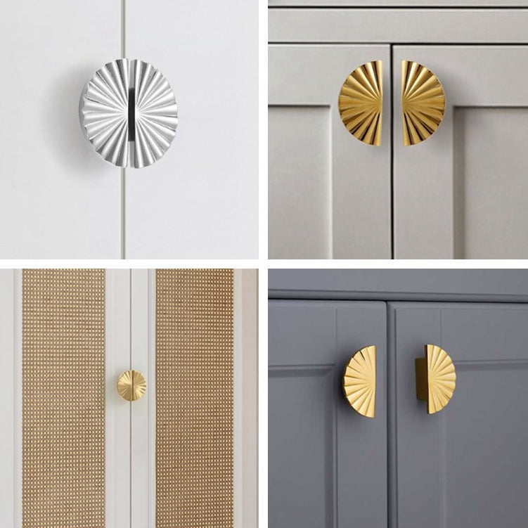 Collage of gold sunburst cabinet knobs on various doors.